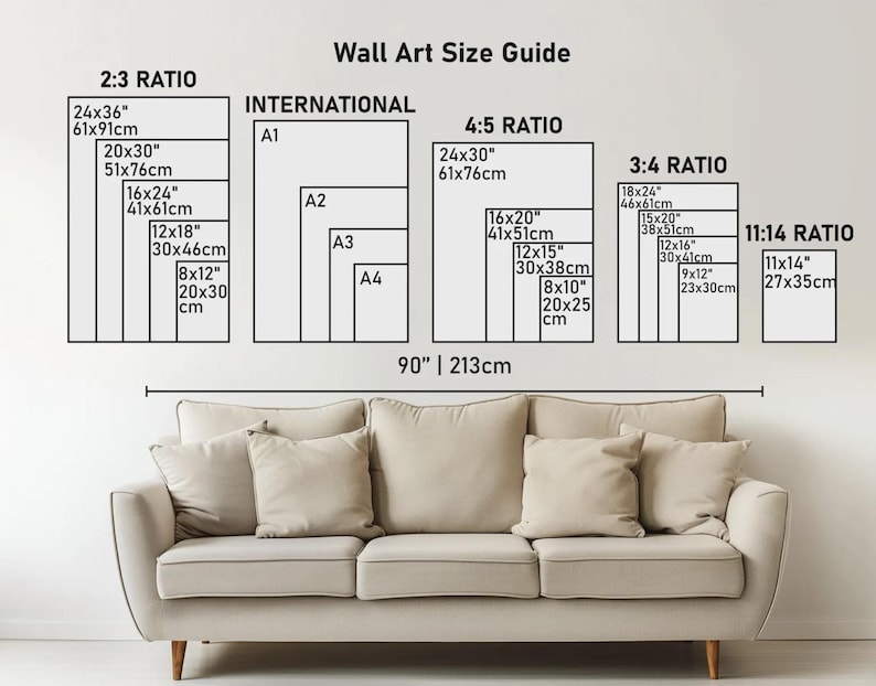 May include: Wall art size guide with dimensions in inches and centimeters. Displays various aspect ratios, including 2:3, 4:5, 3:4, and 11:14, with sizes like 24x36 inches (61x91cm) and 8x10 inches (20x25cm). A sofa is in the foreground.