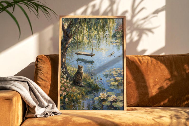 May include: A framed wall art print depicting a tabby cat sitting on a grassy bank by a pond. A wooden swing hangs from a willow tree above the water, where white water lilies float. A dragonfly flies near the swing in this peaceful outdoor scene.