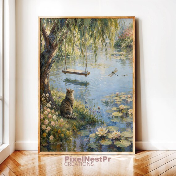 Cat by Lily Pond Wall Art, Impressionist Garden Print, Cottagecore Cat Decor, Homely Nature Artwork, Quiet Luxury Art
