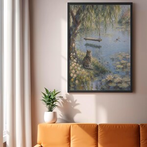 Cat by Lily Pond Wall Art, Impressionist Garden Print, Cottagecore Cat Decor, Homely Nature Artwork, Quiet Luxury Art image 2