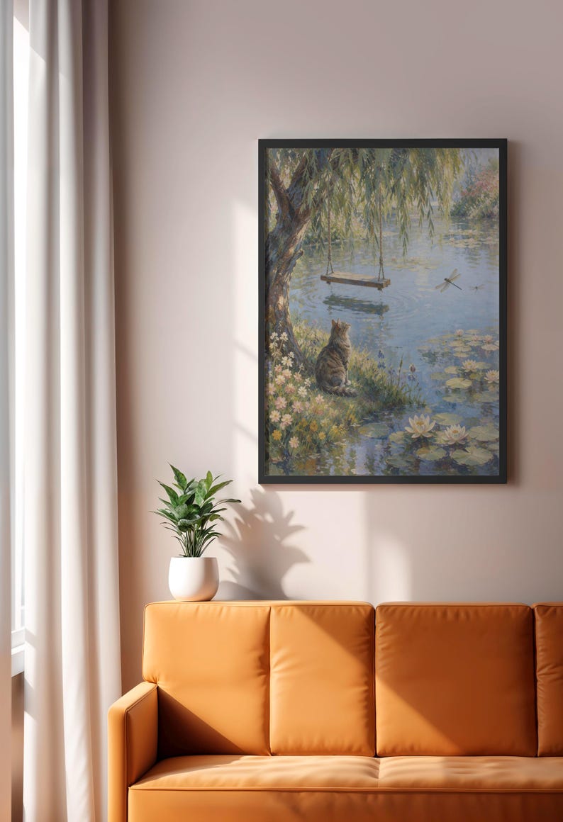 Cat by Lily Pond Wall Art, Impressionist Garden Print, Cottagecore Cat Decor, Homely Nature Artwork, Quiet Luxury Art image 2