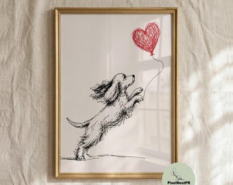 Cocker Spaniel Heart Balloon Print, Minimalist Dog Line Art, Cute Puppy Love Illustration, Neutral Printable Wall Art