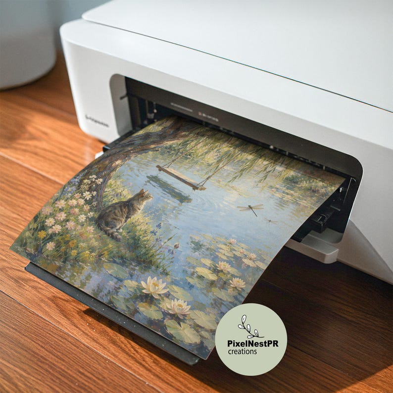 May include: A white inkjet printer outputting a printed sheet featuring a painting of a tabby cat sitting by a pond with water lilies, a hanging rope swing, and a dragonfly. A circular logo with the text PixelNestPR creations is visible.