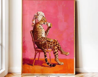 Printable Wall Art, Chic Leopard Drinking Coffee, Bold Oil Painting, Dopamine Dining Room, Vivid Kitchen Poster, Vivid Morning Poster #19