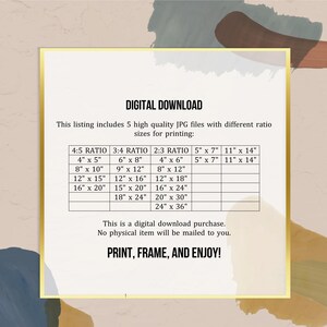 May include: Digital download art print listing with various size ratios. Includes 5 high-quality JPG files for printing in sizes such as 4x5 inches, 8x10 inches, 12x15 inches, and 16x20 inches. Text reads "Print, Frame, and Enjoy!"