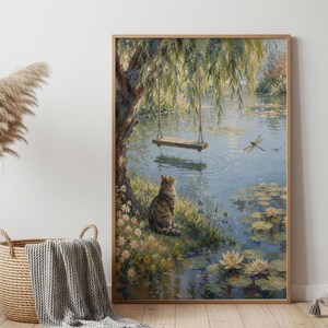Cat by Lily Pond Wall Art, Impressionist Garden Print, Cottagecore Cat Decor, Homely Nature Artwork, Quiet Luxury Art image 6