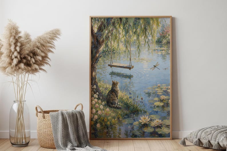 Cat by Lily Pond Wall Art, Impressionist Garden Print, Cottagecore Cat Decor, Homely Nature Artwork, Quiet Luxury Art image 6