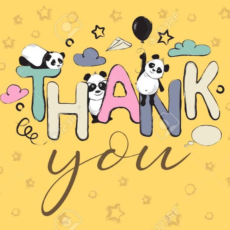 May include: A vibrant illustration on a yellow backdrop featuring the words "THANK YOU" in a colourful, playful font. Panda bears are integrated into the design, with one holding a black balloon. Stars, clouds, and a paper aeroplane enhance the whimsical theme.