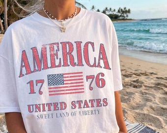 Retro America 4th Of July Shirt Preppy Fourth of July Tshirt Trendy Oversized USA Tee Aesthetic Patriotic Shirt Cute Summer