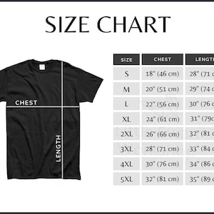 May include: Black t-shirt with a size chart. The chart shows chest measurements from 46 cm to 81 cm and lengths from 71 cm to 89 cm. The text "SIZE CHART" is at the top. Sizes range from S to 5XL.