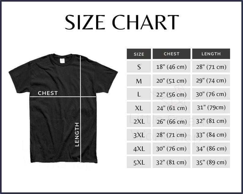 May include: Black t-shirt with a size chart. The chart shows chest measurements from 46 cm to 81 cm and lengths from 71 cm to 89 cm. The text "SIZE CHART" is at the top. Sizes range from S to 5XL.