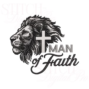 Diseño de bordado Stitch Digital Pro ® Hombre de Fe León, Patrón de Cruz de Fuerza Cristiana, Motivo León de Judá, Descarga de Arte Pes Dst Jef