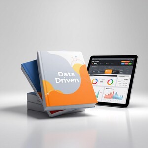 Peut inclure: Une pile de trois livres avec le titre "Data Driven" sur la couverture, à côté d'une tablette affichant des visualisations de données. Les couvertures des livres sont blanches, orange et bleues. L'écran de la tablette montre des graphiques sur fond sombre.