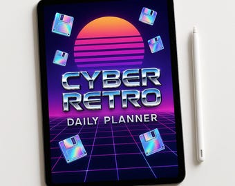 May include: A black tablet displaying a "Cyber Retro Daily Planner" design with a retro sunset and floppy disk graphics. A white stylus rests beside the tablet on a white surface.