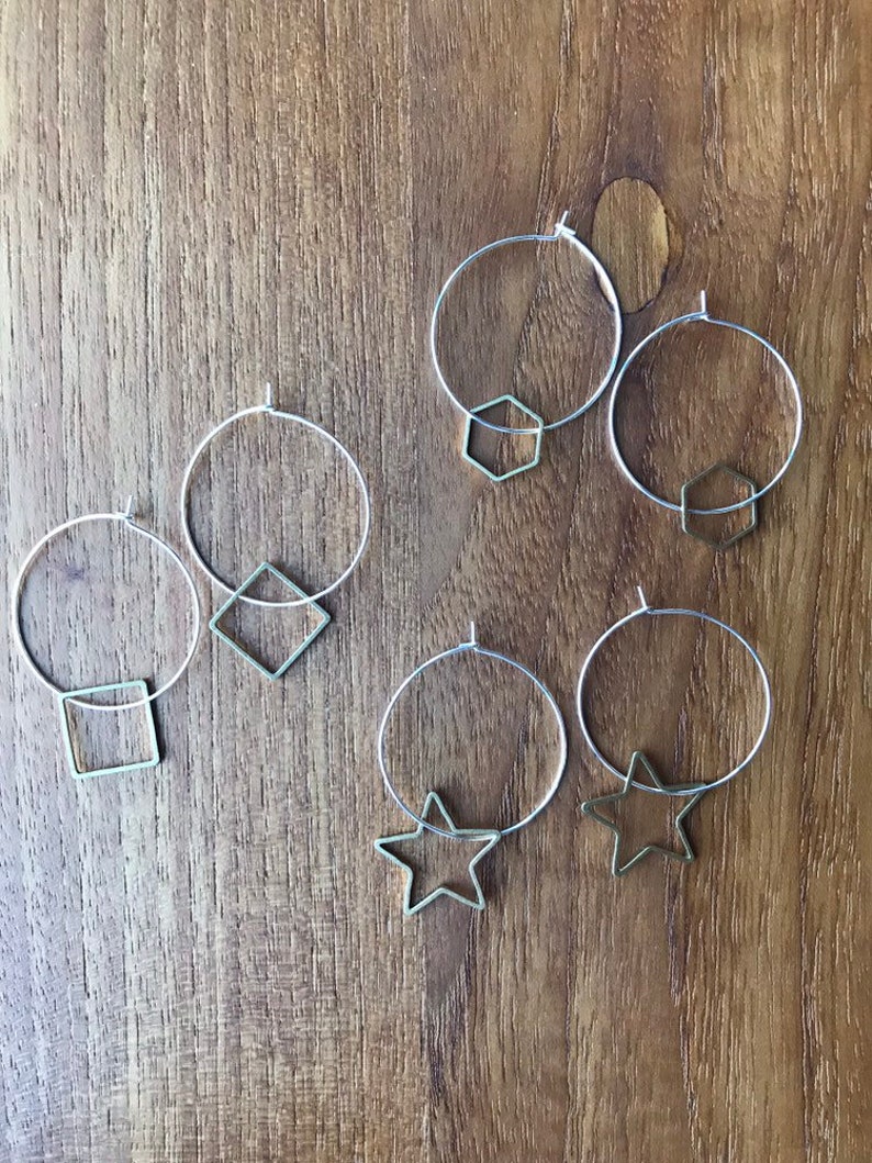 NEW Silver hoops and brass hexagon charm earrings