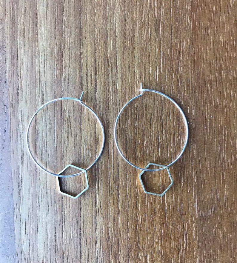 NEW Silver hoops and brass hexagon charm earrings