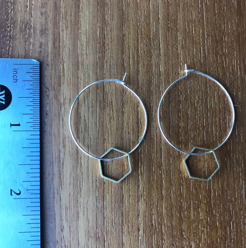 NEW Silver hoops and brass hexagon charm earrings
