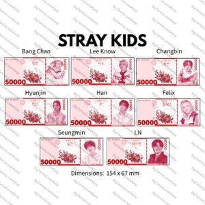 May include: A collection of Stray Kids themed novelty banknotes, each featuring a member's image and the denomination "50000". The dimensions are 154 x 67 mm. The text "STRAY KIDS" is at the top.