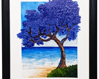 Original Jacaranda Tree Painting | Coastal Landscape Art | Heavy Texture Palette Knife Wall Decor | Framed Fine Art