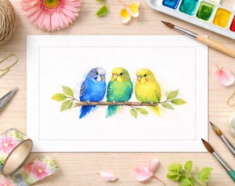 Budgie Watercolor Card – Digital Greeting Card for Printing – PDF Download 15×10 cm