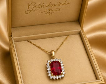 Collar de rubíes y diamantes, colgante vintage de oro blanco de 14k con la piedra natal de julio para ella.