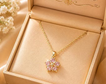 Collar de flor de zafiro rosa, joyería floral dorada, regalo de aniversario para mujer.