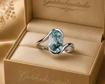 Anillo de compromiso de ágata musgosa ovalada natural, anillo de compromiso de aniversario con banda bypass única