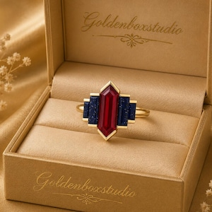 Unique Long Hexagon Ruby Ring, Vintage Rose Gold Half Bezel Set Baguette Sandstone Ring