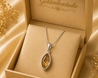 Marquise Cut Golden Rutile Pendant, Vintage Rutilated Quartz Necklace, Dainty Crystal Jewelry Prefect Gift
