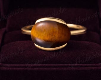 Anillo solitario de ojo de tigre ovalado en oro macizo de 14 k, delicado anillo personalizado con engaste de medio bisel.
