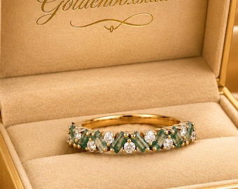 Anillo único de ágata musgosa, alianza de boda de ágata musgosa y anillos de oro, anillo de eternidad estilo art déco, regalo personalizado para ella.