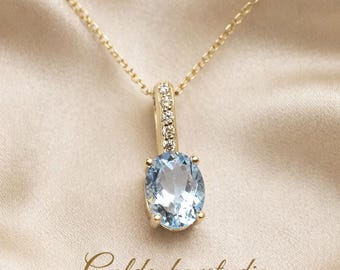 Colgante ovalado de aguamarina y diamantes, collar con la piedra natal de marzo, joyería delicada, regalo para ella.