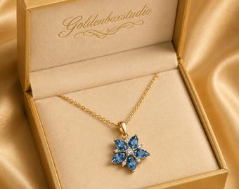 Collar delicado de topacio azul de Londres con talla de pera, collar único con la piedra natal de diciembre.