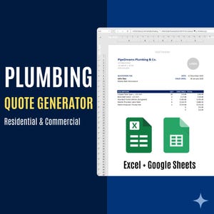 Op de afbeelding: Een digitale afbeelding die een loodgietersoffertegenerator promoot. De afbeelding toont een mock-up van een Excel-spreadsheet met loodgietersonderdelen en kosten. De tekst luidt "Plumbing Quote Generator" en "Residential & Commercial". De afbeelding toont ook de Excel- en Google Sheets-logo's.