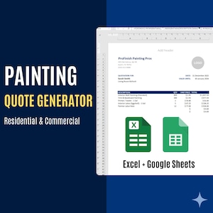 Könnte beinhalten: Grafik, die einen Angebotsersteller für Malerarbeiten für Wohn- und Gewerbeprojekte bewirbt. Das Bild enthält ein Beispielangebot, den Text "Excel + Google Sheets" und das Logo von "ProFinish Painting Pros".