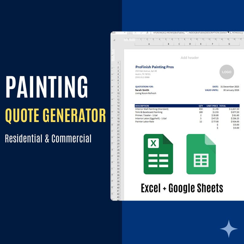 Excel-mall för målningskalkylator | Offertgenerator för entreprenörer | Anbudslista för byggprojekt | Jobbspårning och faktura | Kompatibel med Google Sheets bild 1