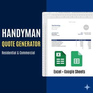 Puede incluir: Un gráfico digital que promociona un generador de presupuestos de manitas. La imagen presenta una maqueta de una hoja de cálculo de Excel con una cotización y dos iconos verdes que representan Excel y Google Sheets. El texto incluye "Handyman Quote Generator" y "Residential & Commercial."