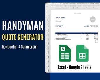 Handyman Estimator Excel Template | Contractor Quote Generator | Construction Bid Sheet | Job Tracker & Invoice | Google Sheets Compatible