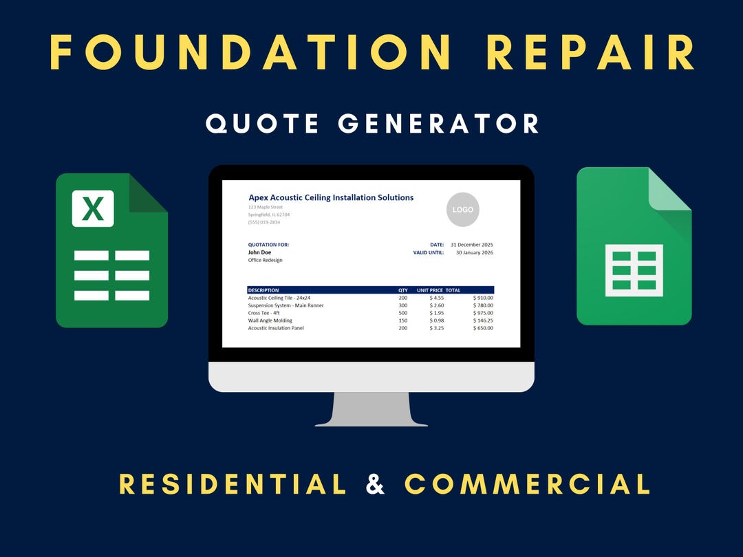 Foundation Invoice Foundation Repair Excel Template | Contractor Quote | Construction Bid ...