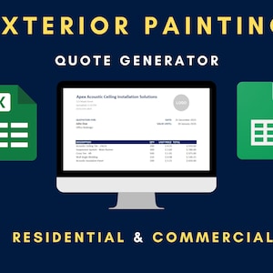 Può includere: Un monitor di computer mostra un preventivo per Apex Acoustic Ceiling Installation Solutions. Il testo "EXTERIOR PAINTING QUOTE GENERATOR" è in alto. Le icone verdi di Excel e Google Sheets affiancano il monitor. Le parole "RESIDENTIAL & COMMERCIAL" sono in basso.