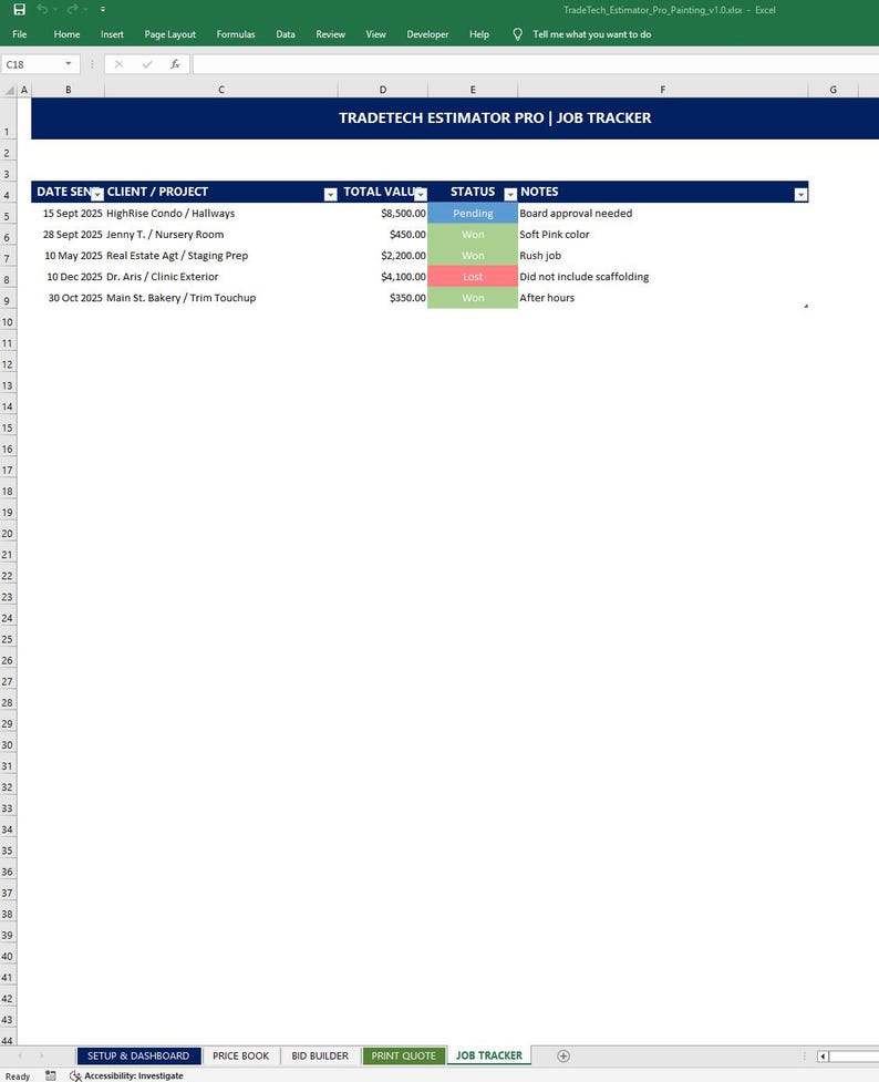 Excel-mall för målningskalkylator | Offertgenerator för entreprenörer | Anbudslista för byggprojekt | Jobbspårning och faktura | Kompatibel med Google Sheets bild 6