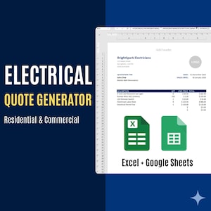 Könnte beinhalten: Grafik eines Elektro-Angebotsgenerators mit dem Text "ELECTRICAL QUOTE GENERATOR" und "Residential & Commercial." Das Bild enthält ein Beispielangebot und Icons für Excel und Google Sheets.