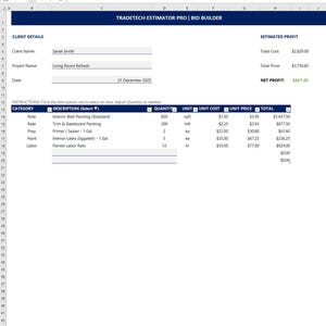 Excel-mall för målningskalkylator | Offertgenerator för entreprenörer | Anbudslista för byggprojekt | Jobbspårning och faktura | Kompatibel med Google Sheets bild 4