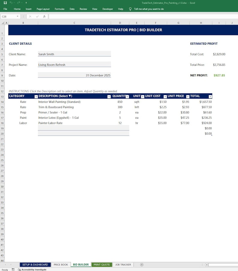 Excel-mall för målningskalkylator | Offertgenerator för entreprenörer | Anbudslista för byggprojekt | Jobbspårning och faktura | Kompatibel med Google Sheets bild 4