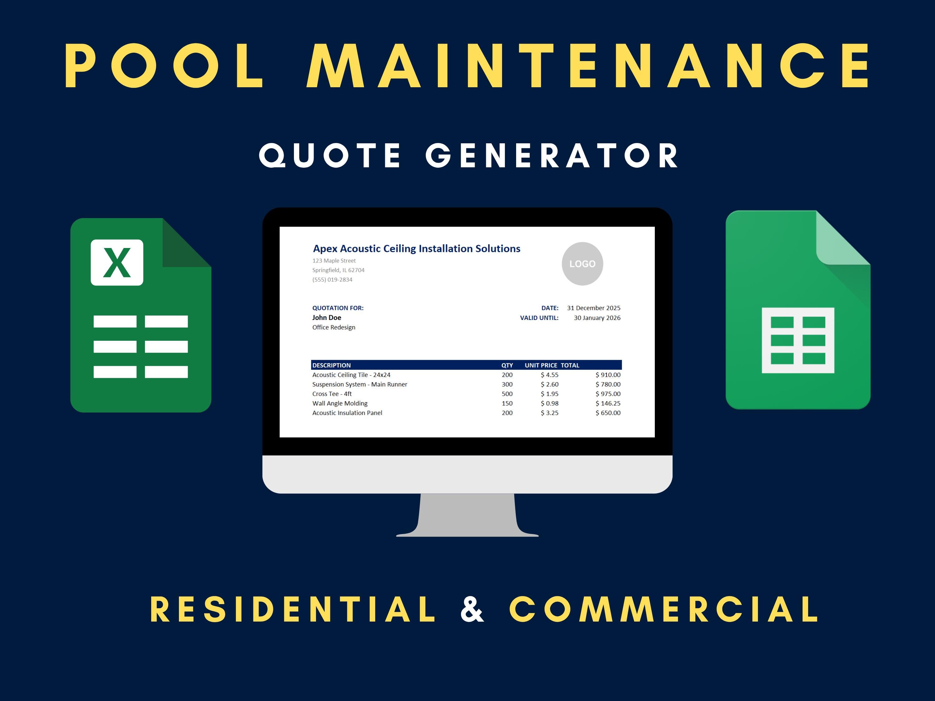 Pool Quotes Invoice Example Pool Maintenance Excel Template | Contractor Quote | Construction Bid ...