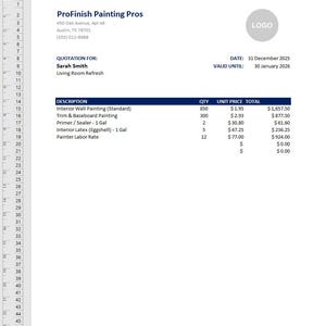 Excel-mall för målningskalkylator | Offertgenerator för entreprenörer | Anbudslista för byggprojekt | Jobbspårning och faktura | Kompatibel med Google Sheets bild 5