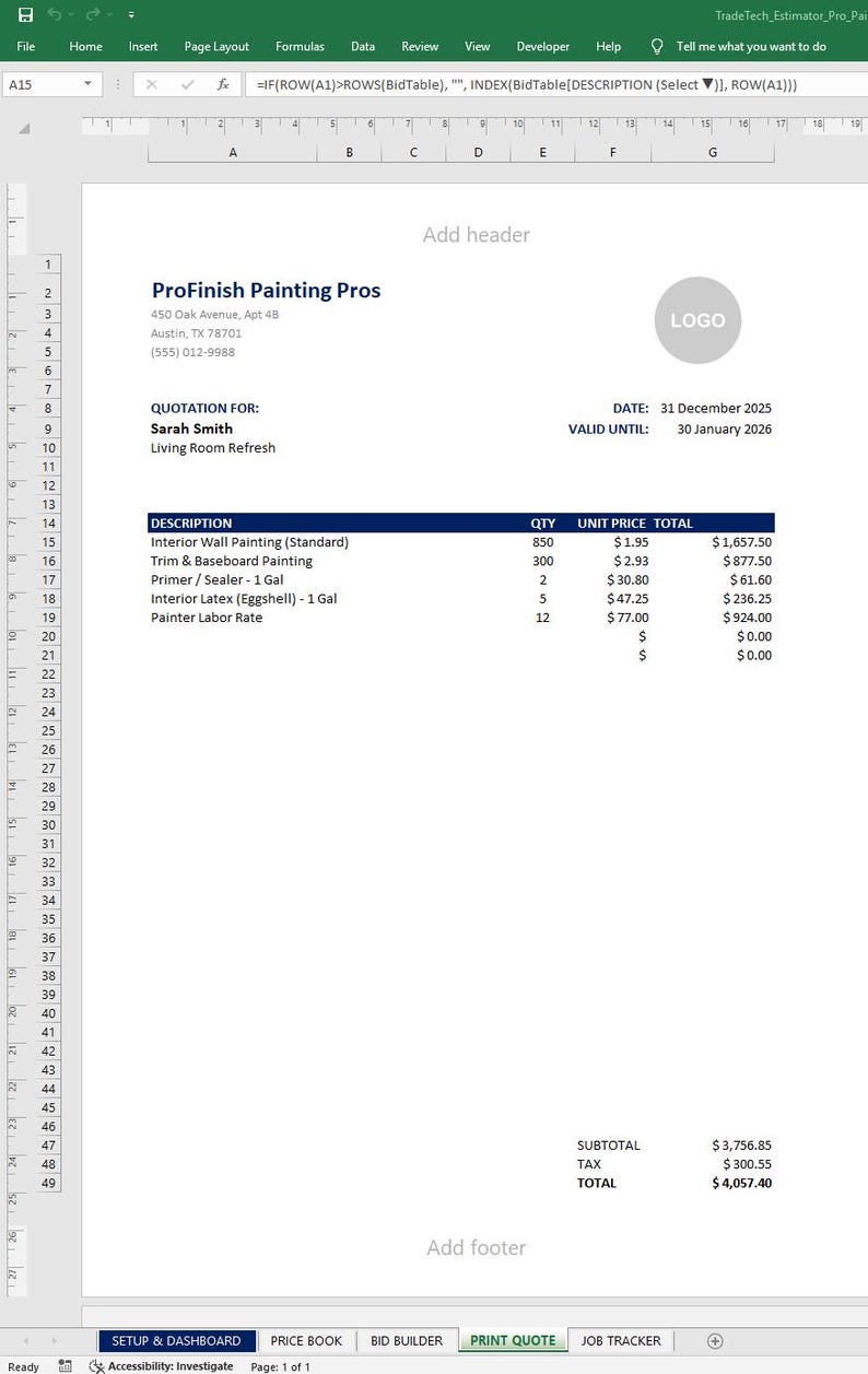 Excel-mall för målningskalkylator | Offertgenerator för entreprenörer | Anbudslista för byggprojekt | Jobbspårning och faktura | Kompatibel med Google Sheets bild 5