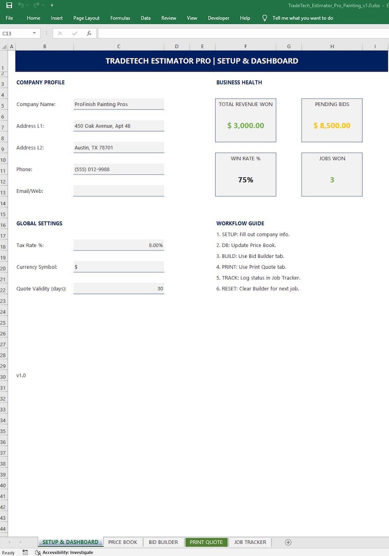 Excel-mall för målningskalkylator | Offertgenerator för entreprenörer | Anbudslista för byggprojekt | Jobbspårning och faktura | Kompatibel med Google Sheets bild 2