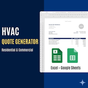Op de afbeelding: Een afbeelding met de tekst "HVAC Quote Generator" en "Residential & Commercial". De afbeelding toont ook een spreadsheet met een offerte van "Arctic Air Solutions" en de tekst "Excel + Google Sheets."