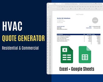 HVAC Estimator Excel Template | Contractor Quote Generator | Construction Bid Sheet | Job Tracker & Invoice | Google Sheets Compatible